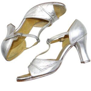 Vintage Capzios Silver Leather T Strap Ballroom Dance Heels Womens Size 7.5 Heel